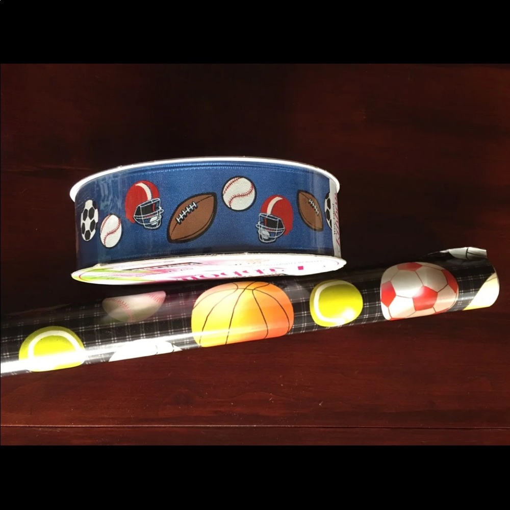 Sports themed gift wrap roll & wired ribbon set